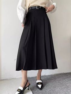 A-Line High Waisted Pleated Solid Color Split-Joint Skirts BLACK-L Black Pleated Bottoms For Workwear, Spring Black Pleated Skirt Bottoms, High Waist Black Pleated Skirt, Black Solid Color Knee-length Skirt, Non-stretch Black Skirt For Office, Non-stretch Black Office Skirt, Black Flared Pleated Skirt, High Waist Black Pleated Skirt Bottoms, Black Non-stretch Long Pleated Skirt