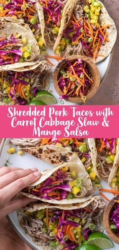 shredded pork tacos with carrot cabbage slaw and mango salsa on a white plate