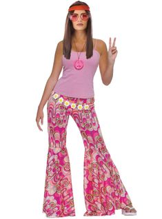 Womens Pink Flower Power Flare 70's Costume Pants If you're looking to complete your hippie look for your upcoming 70s dress up party, these flower power pink flare costume pants are a great choice! Made from a pink fabric and with an all-over flower print, these pants will have you feeling groovy in no time. With an elastic waistband for a comfortable fit, one size fits all, and a cool flared leg design, these pants are essential for any 60s or 70s themed costume party. So put on your peace sig 70 Costume Ideas, Hippie Outfits 70s, 70s Fancy Dress, 70s Mode, 60s Costume, Bell Bottom Trousers, 70s Costume, 60s Hippie, Moda Hippie