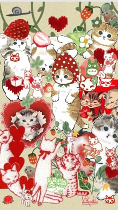 a collage of cats with hearts, mushrooms and flowers in the background is an illustration