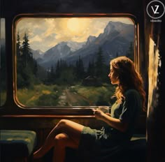 a painting of a woman sitting on a train looking out the window with mountains in the background