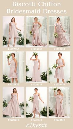 the bridesmaid dresses are all in different styles and colors, including one that is pink