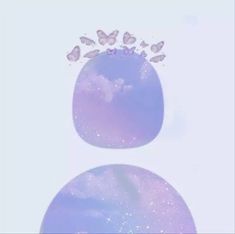 some pink butterflies flying in the sky above two purple circles with white stars on them