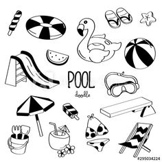 black and white hand drawn doodle set of beach items, including umbrellas, sunbat