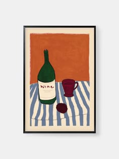 a painting of a wine bottle and cup on a striped tablecloth