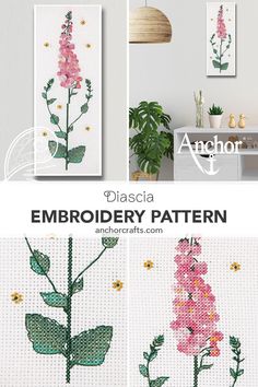 the embroidery pattern shows three different types of flowers