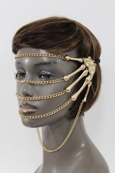 Trendy Fashion Unique, Chic Jewelry Accessory - Head Chain Skeleton Hand Face Mask. Made In The USA Style : Fashion / Casual / Halloween / Party/ Mardi Gras / CostumeCondition : Brand NewSize: One Size Fits All Material: Metal ChainsColor: Gold Chains Fashion Mask For A Special Event, Holidays Mouth Cover Halloween Party - Mardi Gras Adult Costume Head Piece Trendy Fashion Cool Accessory For Special Event Or For A Fun NightPlease Feel Free To Contact Us For Any Question Or Issue Gold Skeleton, Chains Fashion, Cover Face, Casual Halloween, Metal Head, Face Mask Black, Head Chain, Fashion Mask, Fashion Unique