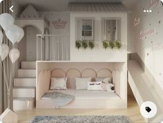 a doll house with stairs, bed and balloons in the air on top of it