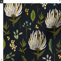 a floral pattern with white flowers and green leaves on a black background, in shades of blue