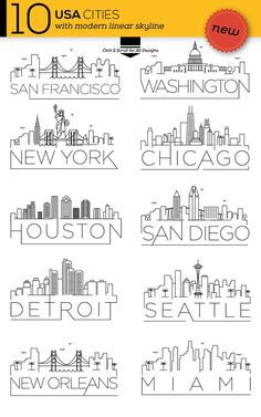 the city skylines are drawn in different styles and sizes, with each letter on it's own side