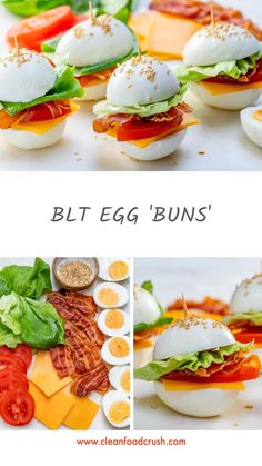 an egg sandwich with bacon, lettuce and tomato on it is shown in three different pictures