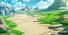 an anime landscape with rocks and grass in the foreground