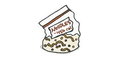 a drawing of a bag of noodles with the word noodles printed on it's side