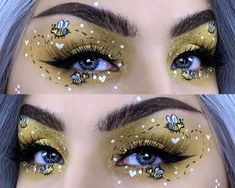 Bumble Bee Makeup, Bumble Bee Costume Makeup, Honey Bee Makeup Look, Bumblebee Eye Makeup, Bee Inspired Makeup Look, Easter Makeup, Rhinestone Makeup, Star Makeup, Alternative Makeup