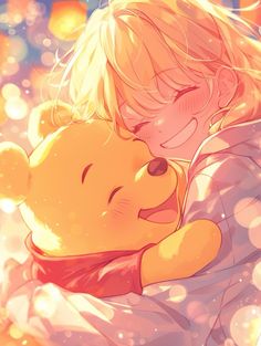 a child hugging a winnie the pooh character in front of bright lights and bubbles