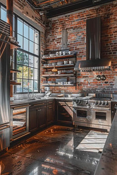 an industrial style kitchen with brick walls and stainless steel appliances in the center, along with lots of open shelving