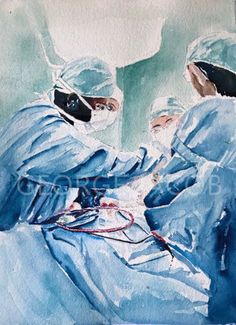 watercolor painting of two surgeons performing an operation