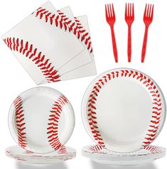 a baseball themed tableware set with red and white stitches on the ball, forks and napkins