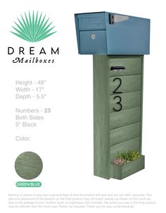 an advertisement for a mailbox with the number 23 on it and green planters below