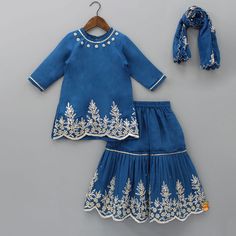 Girls Indian Ethnic Wear Kurti And Sharara, Blue Kurti, Dresses Design, Pleated Neckline, Gota Work, Girls Frock Design, Kids Fashion Dress, Dress Indian