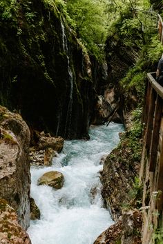 a man standing on a bridge over a river next to lush green trees and rocks