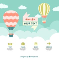 colorful hot air balloons flying in the sky with clouds and signs above them that read space for your text