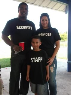 two adults and a child standing in front of a building with the words rock star birthday party ideas on them