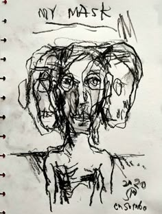 a black and white drawing on paper with words written in the middle, next to an image of a woman's face