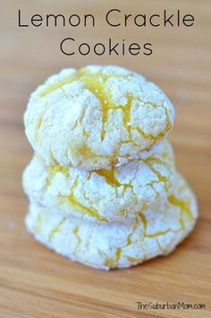 three lemon crackle cookies stacked on top of each other with the title above it