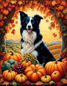 a painting of a dog surrounded by pumpkins and gourds in an autumn scene