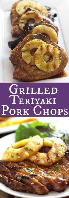 grilled teriyaki pork chops on a white plate