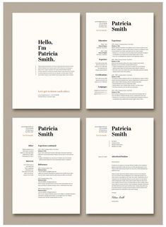 four different types of resumes with black and white font