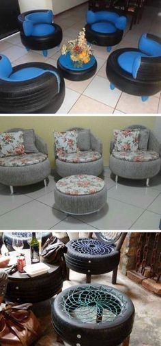 two pictures show different types of chairs and couches, one is made out of tires