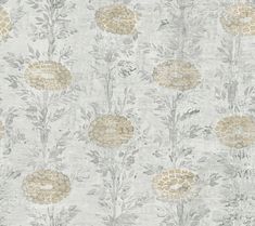 a wallpaper with flowers and leaves in grey, gold and white colors on a light gray background