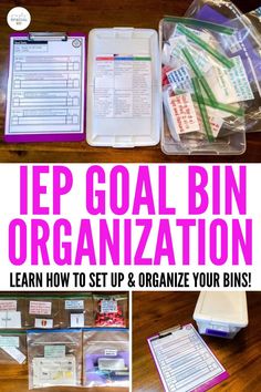 an organized binder with the words iep goal bin organization in pink and white