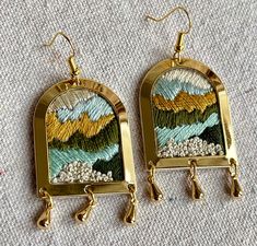 Tiny Landscape, Forest Jewelry, Embroidered Earrings, Embroidered Jewelry, Earrings Gold, Hand Embroidered, Gold Earrings, Arch, Dangle Drop Earrings