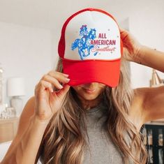 All American Cowgirl Trucker Hat is such a cute piece for the summer and all year round!  Its the perfect western accessory for any cowgirl  Adjustable snap back foam trucker Summer Cotton Brimmed Trucker Hat, Cotton Brimmed Trucker Hat For Summer, Summer Brimmed Cotton Trucker Hat, Patriotic White Hat For Summer, Trendy Adjustable Hats For 4th Of July, Trendy Cap For 4th Of July, Cute Cotton Trucker Hat For Summer, Cute Summer Cotton Trucker Hat, Summer Cute Trucker Hat With Curved Brim