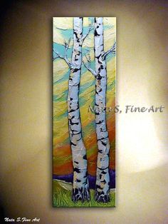 an abstract painting of two birch trees on a wall