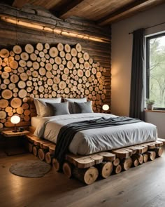 a bed made out of logs in front of a window with lights on the side