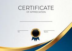 certificate of appreciation with gold and blue background