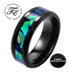 black ceramic ring with blue and green abamole inlay