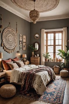 Carpet Ideas For Bedroom, Unique Bedroom Design Interiors, Master Bedrooms Decor Cozy Relaxing, Japandi Boho, Unique Bedroom Ideas, Bohemian Bedroom Inspiration, Bedroom Carpets, Gray Bedroom Walls