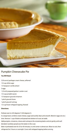 a piece of pumpkin cheesecake pie on a white plate with the recipe below it