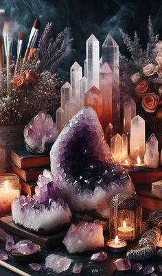 crystals and candles on a table surrounded by flowers, candles and other items in front of them