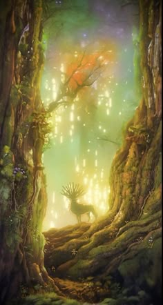 a painting of a deer in the middle of a forest with fireflies flying above it