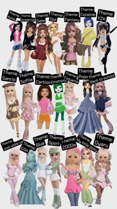 many different types of dolls are shown in this image, with the names on them