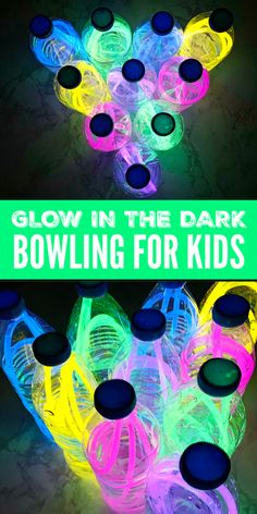 glow in the dark bowling for kids with text overlay that reads glow in the dark bowling for kids