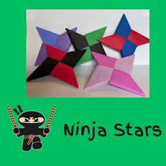 three origami ninja stars with the words ninja stars below them on a green background