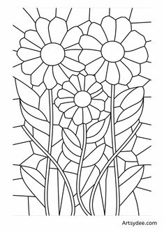 a coloring page with flowers and leaves