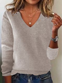 Shop Affordable Women Sweaters Spring/Fall Sweater Casual Sweater Plain Sweater Loose Daily V Neck Long Sleeve On Justfashionnow.com Casual Solid Color V-neck Sweater For Fall, Casual Solid Stretch V-neck Sweater, Casual Solid V-neck Sweater For Winter, Casual Solid V-neck Winter Sweater, Casual Long Sleeve V-neck Sweater, Casual Gray V-neck Sweater For Winter, Casual Solid Color V-neck Sweater For Winter, Casual Soft Knit Long Sleeve V-neck Sweater, Casual Stretch V-neck Sweater For Winter